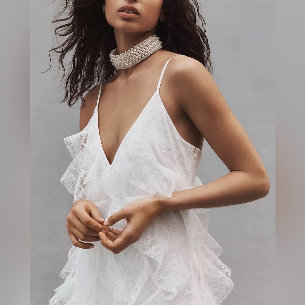 BHLDN Jia Bias-Cut Lace Ruffled V-Neck Gown White Bridal Slip Dress NWT 6 - Picture 4 of 16